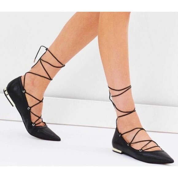 ALDO Women's Black Leather Lace Up Gladiator Pointed Toe Back Zip Flat Shoes 9 - Picture 1 of 11